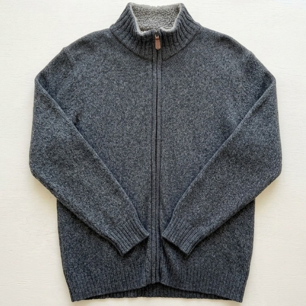 Oscar de la Renta Cardigan Sweater Mens Medium Gray Sherpa Lined Full Zip Knit